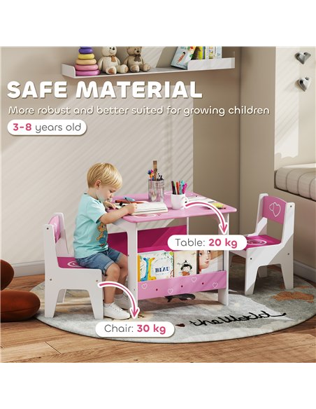 AIYAPLAY 3 Pieces Kids Table and Chair Set, Toddler Activity Table with Bookshelves, for Living Room, Nursery, Playroom, Pink - pic 174685 | FastDaddyshop