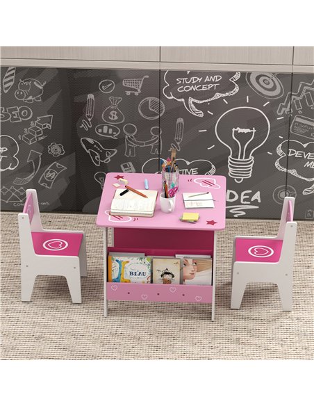 AIYAPLAY 3 Pieces Kids Table and Chair Set, Toddler Activity Table with Bookshelves, for Living Room, Nursery, Playroom, Pink - pic 174686 | FastDaddyshop