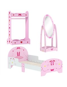 AIYAPLAY Kids Bed with Safety Rails, Kids Clothes Rail, Kids Full Length Mirror, 3 Piece Kids Furniture Set for Bedroom, Pink