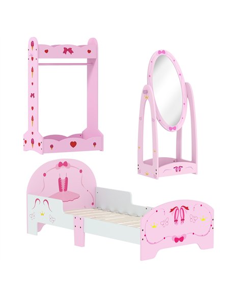 AIYAPLAY Kids Bed with Safety Rails, Kids Clothes Rail, Kids Full Length Mirror, 3 Piece Kids Furniture Set for Bedroom, Pink - pic 174705 | FastDaddyshop