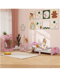 AIYAPLAY Kids Bed with Safety Rails, Kids Clothes Rail, Kids Full Length Mirror, 3 Piece Kids Furniture Set for Bedroom, Pink 2