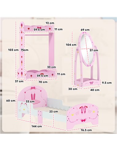 AIYAPLAY Kids Bed with Safety Rails, Kids Clothes Rail, Kids Full Length Mirror, 3 Piece Kids Furniture Set for Bedroom, Pink