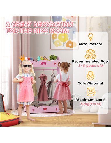 AIYAPLAY Kids Bed with Safety Rails, Kids Clothes Rail, Kids Full Length Mirror, 3 Piece Kids Furniture Set for Bedroom, Pink