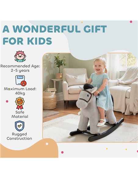AIYAPLAY Baby Rocking Horse, Plush Ride on Toy with Handle Grip, Sound and Doll, Toddler Animal Rocker for Kids Aged 2-5, Grey - pic 174740 | FastDaddyshop