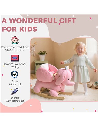 AIYAPLAY Kids Rocking Horse, Baby Ride on Elephant Rocker with Safety Belt and Sound for Toddlers 18 to 36 Months, Pink
