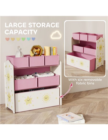 AIYAPLAY Kids Toy Storage Units, 3-Tier Toy Organiser Shelf with 6 Removable Boxes for Kids, Bedroom, Playroom, Pink - pic 174798 | FastDaddyshop