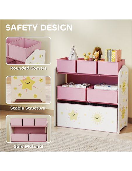 AIYAPLAY Kids Toy Storage Units, 3-Tier Toy Organiser Shelf with 6 Removable Boxes for Kids, Bedroom, Playroom, Pink - pic 174799 | FastDaddyshop