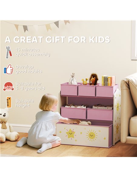 AIYAPLAY Kids Toy Storage Units, 3-Tier Toy Organiser Shelf with 6 Removable Boxes for Kids, Bedroom, Playroom, Pink - pic 174800 | FastDaddyshop