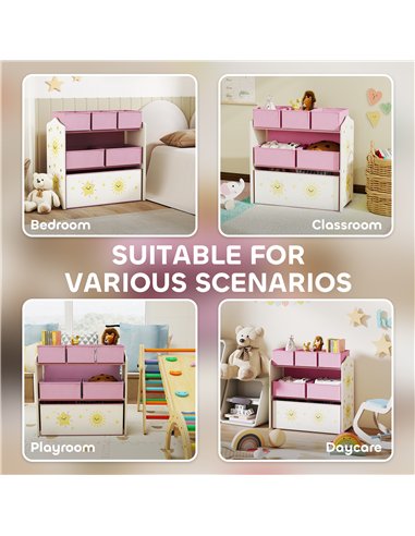 AIYAPLAY Kids Toy Storage Units, 3-Tier Toy Organiser Shelf with 6 Removable Boxes for Kids, Bedroom, Playroom, Pink