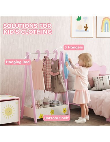 AIYAPLAY Baby Clothing Rack with Hangers, Storage Shelf for Bedroom, Star Theme, for Ages 3-6, Pink