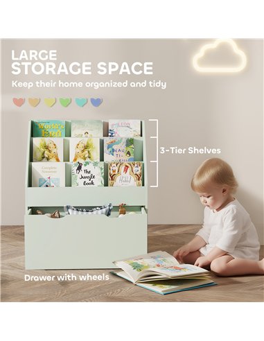 AIYAPLAY Bookcase for Kids with Shelves, Drawer, Bookcase for Bedroom, Playroom, Green