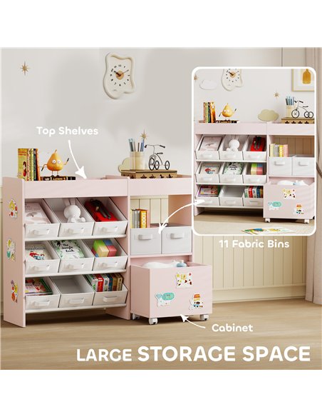 AIYAPLAY Kids Toy Storage Unit with 11 Bins, Cabinet, Top Shelves, 3 Stickers, for Nursery, Playroom, Pink - pic 174888 | FastDaddyshop