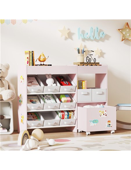 AIYAPLAY Kids Toy Storage Unit with 11 Bins, Cabinet, Top Shelves, 3 Stickers, for Nursery, Playroom, Pink - pic 174892 | FastDaddyshop