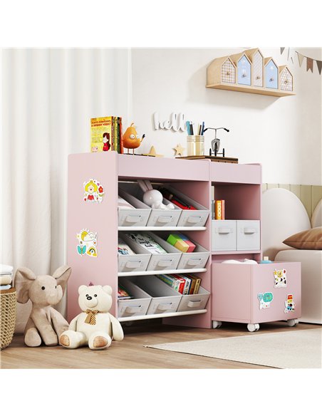 AIYAPLAY Kids Toy Storage Unit with 11 Bins, Cabinet, Top Shelves, 3 Stickers, for Nursery, Playroom, Pink - pic 174893 | FastDaddyshop