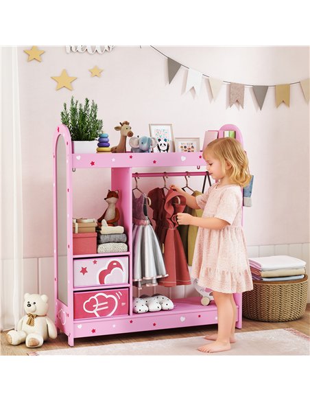 AIYAPLAY Kids Clothes Rail, Kids Wardrobe with Mirror, Shelves, Fabric Storage and Hooks for Bedroom, Nursery, Pink - pic 174904 | FastDaddyshop