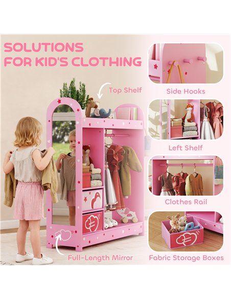 AIYAPLAY Kids Clothes Rail, Kids Wardrobe with Mirror, Shelves, Fabric Storage and Hooks for Bedroom, Nursery, Pink - pic 174906 | FastDaddyshop