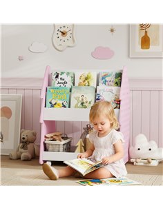 AIYAPLAY Kids Bookshelf with Toy Storage, Double-Sided Bookcase with Wheels, 3 Tier Kids Book Rack for Bedroom, Pink 2