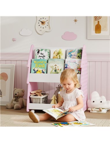 AIYAPLAY Kids Bookshelf with Toy Storage, Double-Sided Bookcase with Wheels, 3 Tier Kids Book Rack for Bedroom, Pink