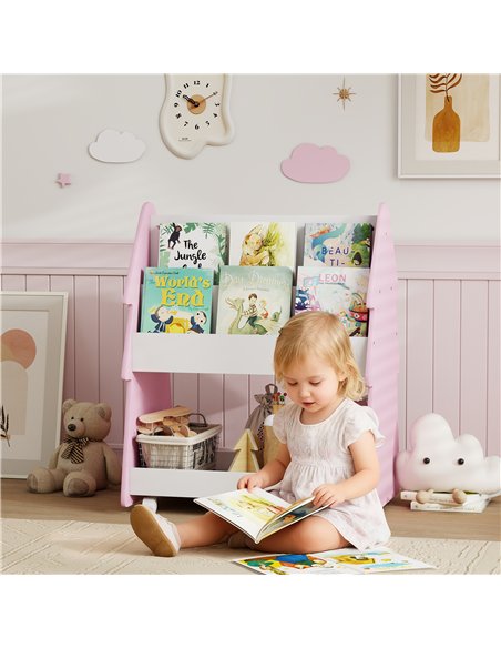 AIYAPLAY Kids Bookshelf with Toy Storage, Double-Sided Bookcase with Wheels, 3 Tier Kids Book Rack for Bedroom, Pink - pic 174931 | FastDaddyshop