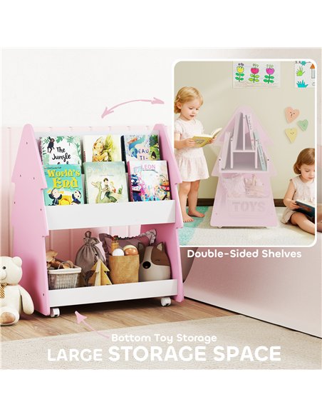 AIYAPLAY Kids Bookshelf with Toy Storage, Double-Sided Bookcase with Wheels, 3 Tier Kids Book Rack for Bedroom, Pink - pic 174933 | FastDaddyshop