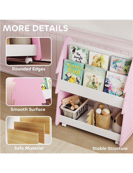 AIYAPLAY Kids Bookshelf with Toy Storage, Double-Sided Bookcase with Wheels, 3 Tier Kids Book Rack for Bedroom, Pink - pic 174936 | FastDaddyshop