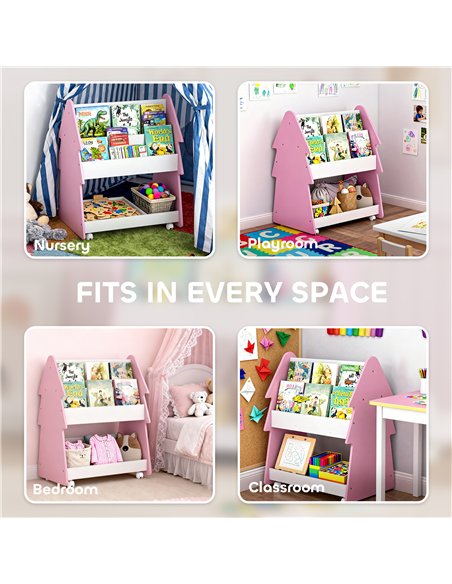 AIYAPLAY Kids Bookshelf with Toy Storage, Double-Sided Bookcase with Wheels, 3 Tier Kids Book Rack for Bedroom, Pink - pic 174937 | FastDaddyshop