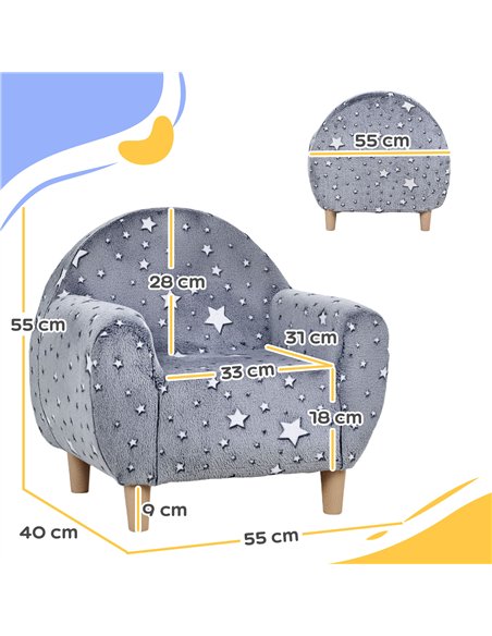 AIYAPLAY Kids Armchair, Glow in the Dark Chair with Star Design for Bedroom, Playroom, Kids Room, Grey - pic 174941 | FastDaddyshop