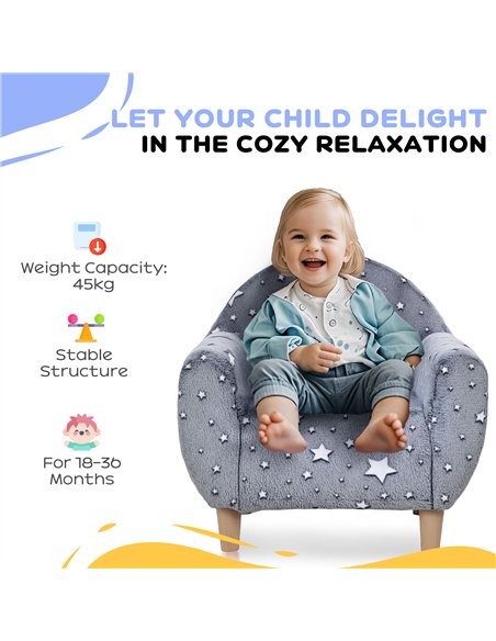 AIYAPLAY Kids Armchair, Glow in the Dark Chair with Star Design for Bedroom, Playroom, Kids Room, Grey - pic 174944 | FastDaddyshop