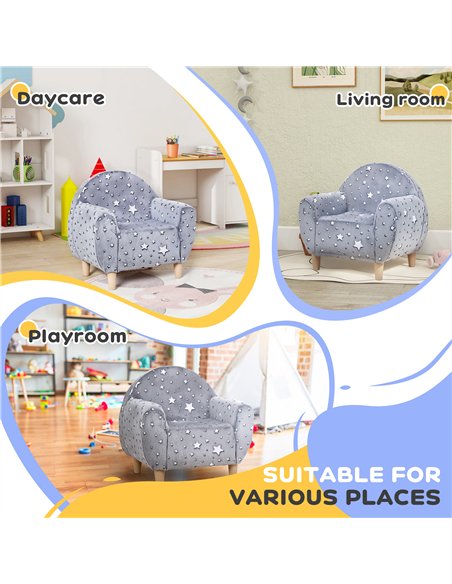 AIYAPLAY Kids Armchair, Glow in the Dark Chair with Star Design for Bedroom, Playroom, Kids Room, Grey - pic 174945 | FastDaddyshop