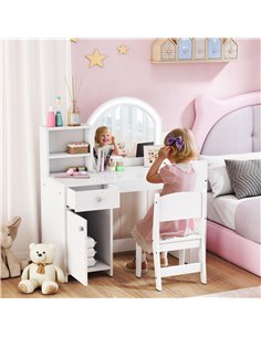 AIYAPLAY Kids Vanity Table and Chair Set, Girls Dressing Table with 2-Colour LED Mirror, Stool, Cabinet, Drawer, Shelves, White 2