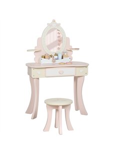 AIYAPLAY Kids Dressing Table, Girls Vanity Set with Mirror and Stool, 7 Play Accessories, Drawer, Desktop Storage, Pink