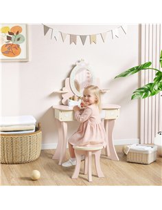 AIYAPLAY Kids Dressing Table, Girls Vanity Set with Mirror and Stool, 7 Play Accessories, Drawer, Desktop Storage, Pink 2