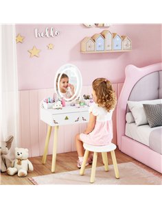 AIYAPLAY Kids Vanity Table and Chair Set with 3-Colour LED Lights Mirror, Drawer, Storage Boxes, for 3+ Years, White 2