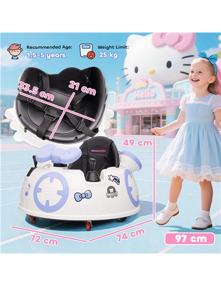 AIYAPLAY Hello Kitty Kids Ride on Bumper Car with Remote Control, Two Joysticks, Music, Lights, Safety Belt, White - pic 175085 | FastDaddyshop