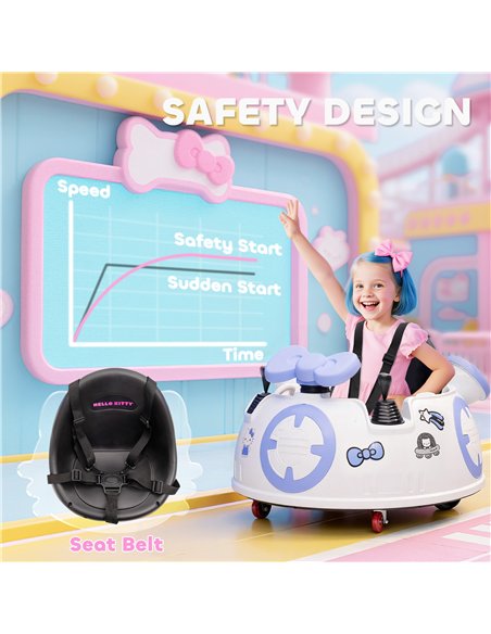 AIYAPLAY Hello Kitty Kids Ride on Bumper Car with Remote Control, Two Joysticks, Music, Lights, Safety Belt, White - pic 175089 | FastDaddyshop