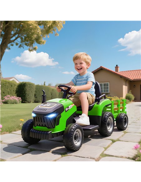 AIYAPLAY 12V Ride on Tractor and Trailer with Remote Control, Music, Shifter, Start-Up Sound, for Kids Ages 3-8 Years, Green - pic 175129 | FastDaddyshop