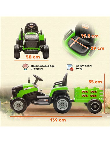 AIYAPLAY 12V Ride on Tractor and Trailer with Remote Control, Music, Shifter, Start-Up Sound, for Kids Ages 3-8 Years, Green