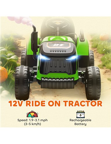 AIYAPLAY 12V Ride on Tractor and Trailer with Remote Control, Music, Shifter, Start-Up Sound, for Kids Ages 3-8 Years, Green