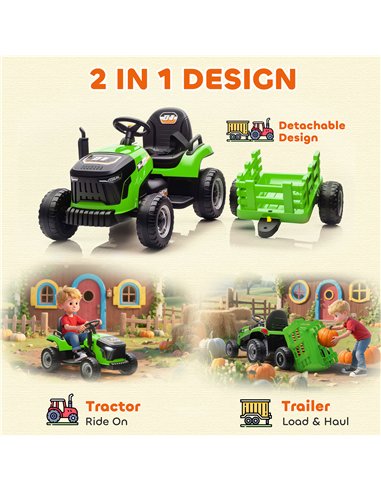 AIYAPLAY 12V Ride on Tractor and Trailer with Remote Control, Music, Shifter, Start-Up Sound, for Kids Ages 3-8 Years, Green