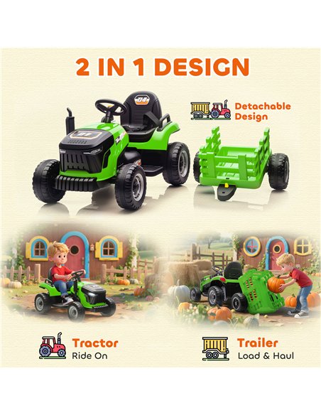 AIYAPLAY 12V Ride on Tractor and Trailer with Remote Control, Music, Shifter, Start-Up Sound, for Kids Ages 3-8 Years, Green - pic 175132 | FastDaddyshop