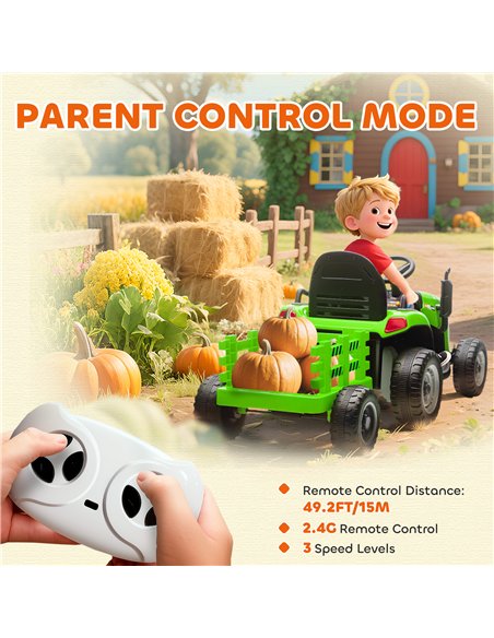 AIYAPLAY 12V Ride on Tractor and Trailer with Remote Control, Music, Shifter, Start-Up Sound, for Kids Ages 3-8 Years, Green - pic 175133 | FastDaddyshop