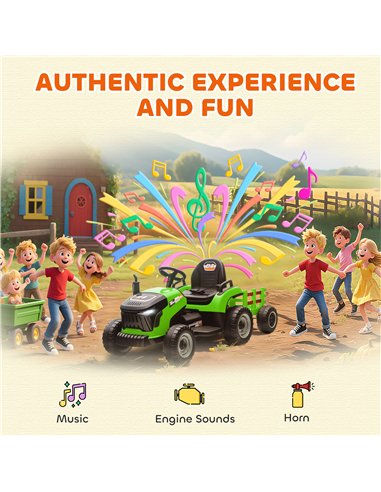 AIYAPLAY 12V Ride on Tractor and Trailer with Remote Control, Music, Shifter, Start-Up Sound, for Kids Ages 3-8 Years, Green