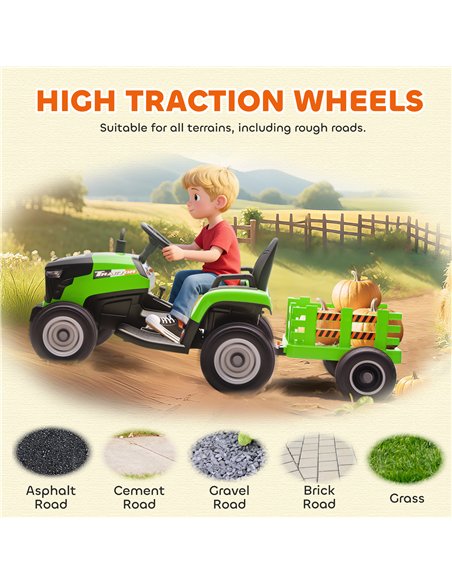 AIYAPLAY 12V Ride on Tractor and Trailer with Remote Control, Music, Shifter, Start-Up Sound, for Kids Ages 3-8 Years, Green - pic 175136 | FastDaddyshop
