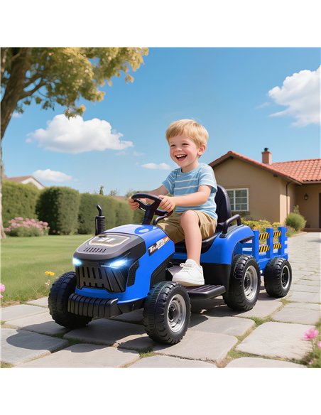 AIYAPLAY 12V Ride on Tractor and Trailer with Remote Control, Music, Shifter, Start-Up Sound, for Kids Ages 3-8 Years, Blue - pic 175138 | FastDaddyshop