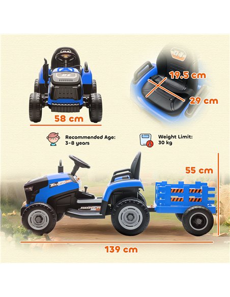 AIYAPLAY 12V Ride on Tractor and Trailer with Remote Control, Music, Shifter, Start-Up Sound, for Kids Ages 3-8 Years, Blue - pic 175139 | FastDaddyshop