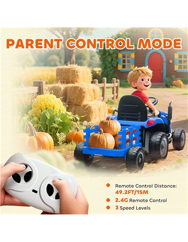 AIYAPLAY 12V Ride on Tractor and Trailer with Remote Control, Music, Shifter, Start-Up Sound, for Kids Ages 3-8 Years, Blue