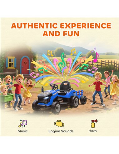 AIYAPLAY 12V Ride on Tractor and Trailer with Remote Control, Music, Shifter, Start-Up Sound, for Kids Ages 3-8 Years, Blue