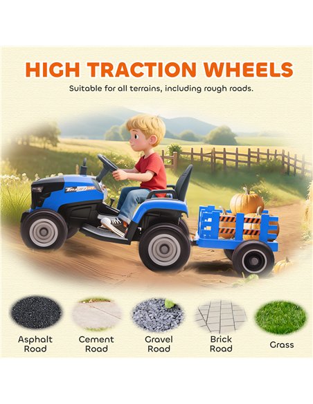 AIYAPLAY 12V Ride on Tractor and Trailer with Remote Control, Music, Shifter, Start-Up Sound, for Kids Ages 3-8 Years, Blue - pic 175145 | FastDaddyshop