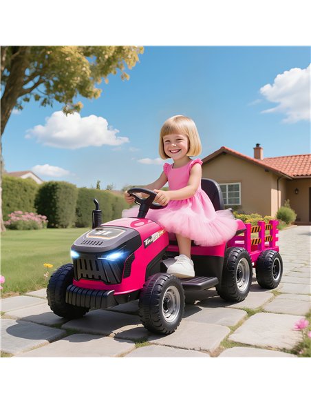 AIYAPLAY 12V Ride on Tractor and Trailer with Remote Control, Music, Shifter, Start-Up Sound, for Kids Ages 3-8 Years, Pink - pic 175156 | FastDaddyshop