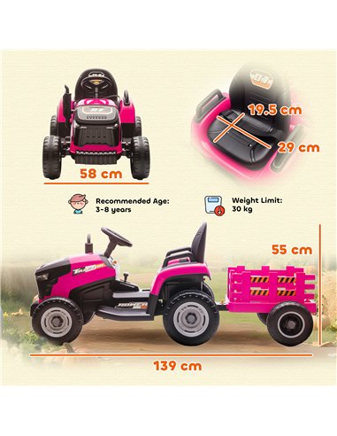 AIYAPLAY 12V Ride on Tractor and Trailer with Remote Control, Music, Shifter, Start-Up Sound, for Kids Ages 3-8 Years, Pink